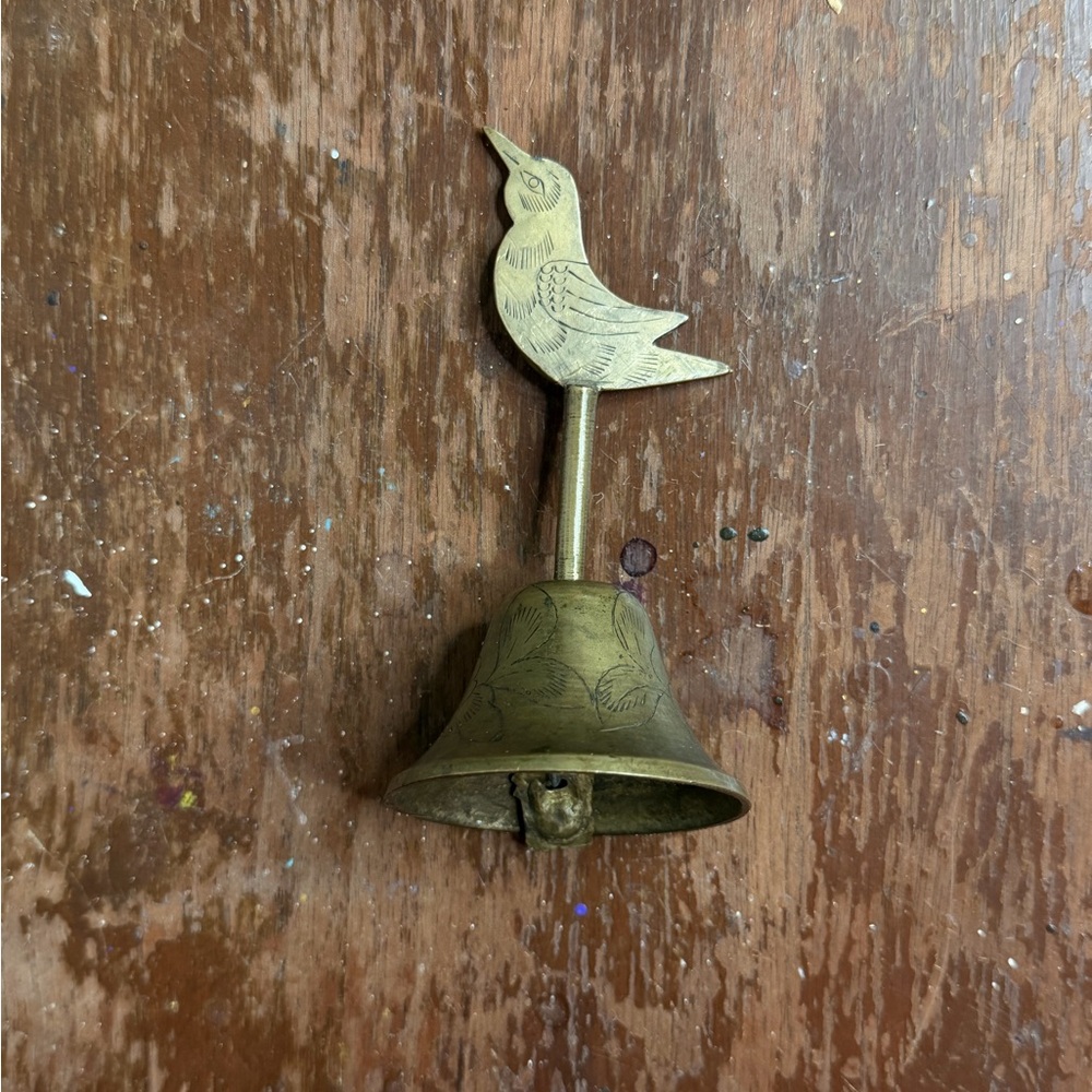Vintage Small Brass Bell with Bird Handle Etched 4” Tall